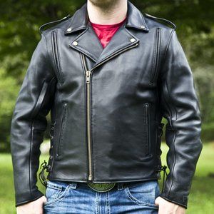 Mens XL Classic Thick Black Leather Motorcycle Riding Jacket(New)